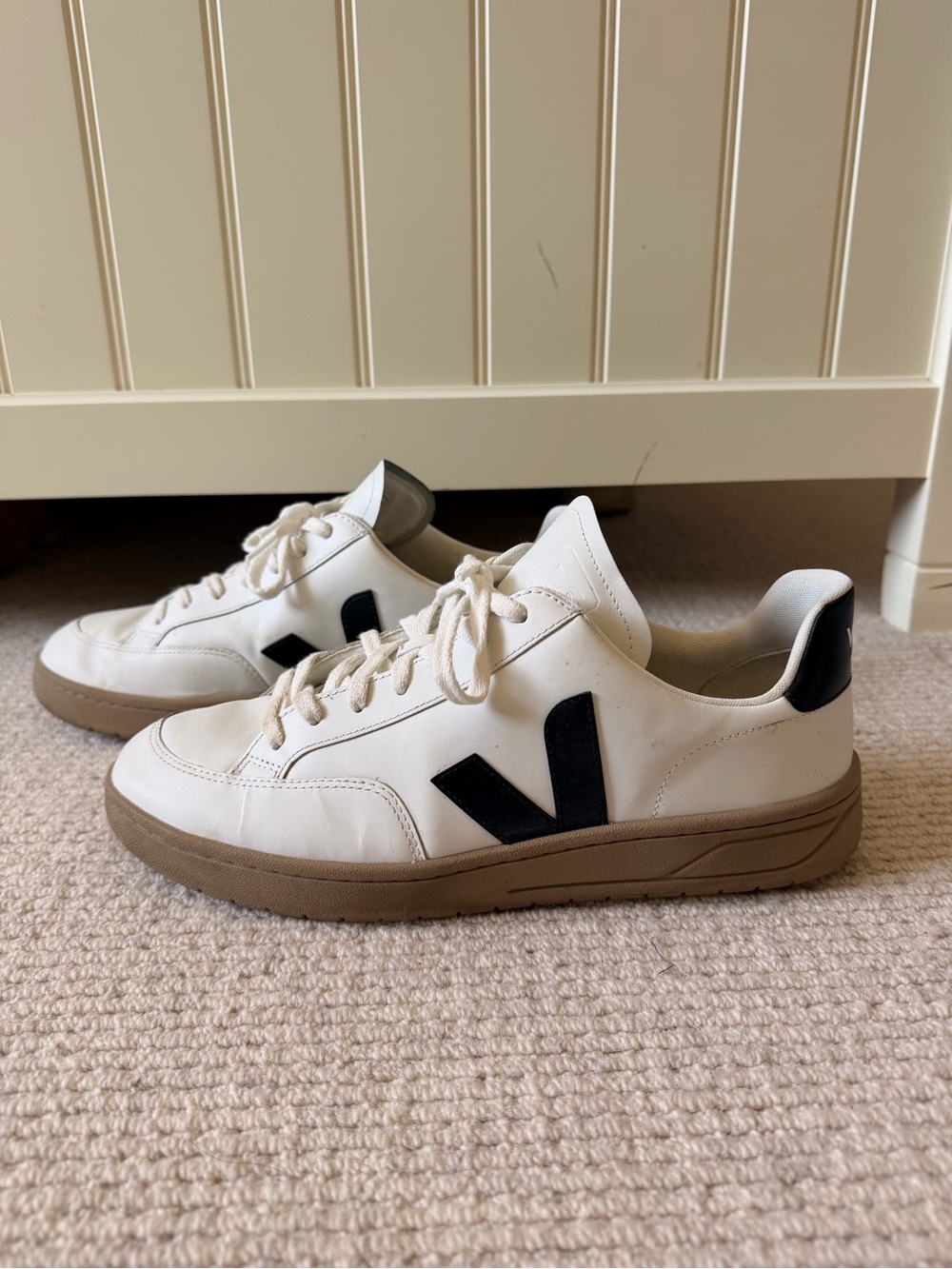 Veja V-12 White Leather Sneakers with Black V and Tan Gum Sole